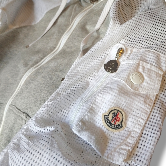 MONCLER - Authentic Luxury 3/4 Sleeve Grey White Mesh Zip Up Hoodie Small - Picture 8 of 11